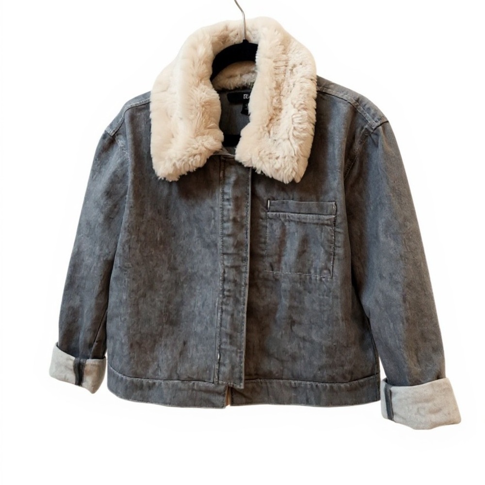 Banana Republic Jean Jacket Shacket Grey Denim Removable Shearling Collar XL